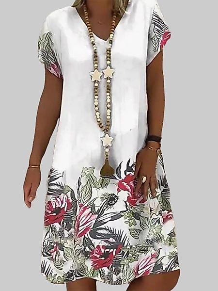 Kurzarm-V-Ausschnitt mit Blumendruck Kleid Für Damen günstig online kaufen