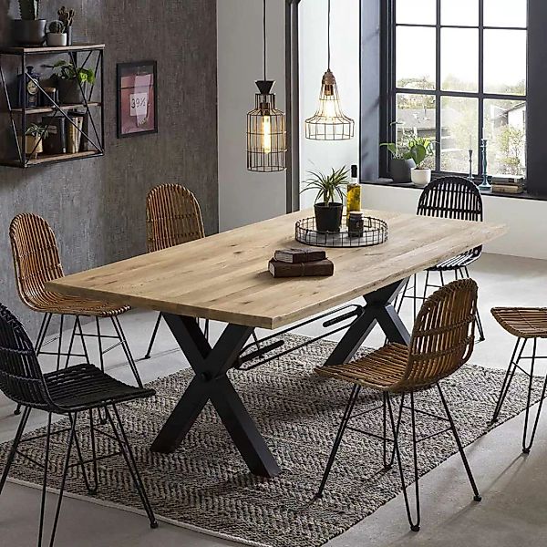Esszimmer Tisch aus Wildeiche Massivholz Baumkante X Füßen günstig online kaufen