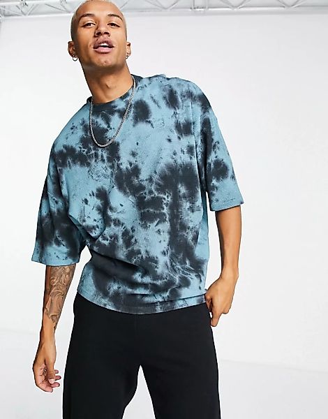 ASOS DESIGN – Oversize-T-Shirt mit Waffelstruktur und Batikmuster in Blau u günstig online kaufen
