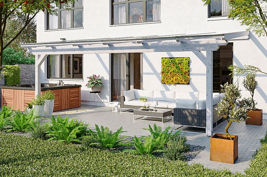 Skan Holz Terrassenüberdachung Ancona 648 x 300 cm Leimholz Weiß günstig online kaufen
