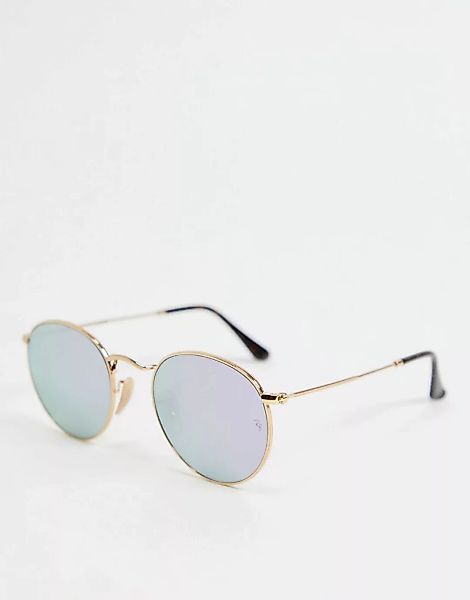 Ray-Ban – Runde Damensonnenbrille in Gold mit lila Gläsern 0RB3447N-Goldfar günstig online kaufen