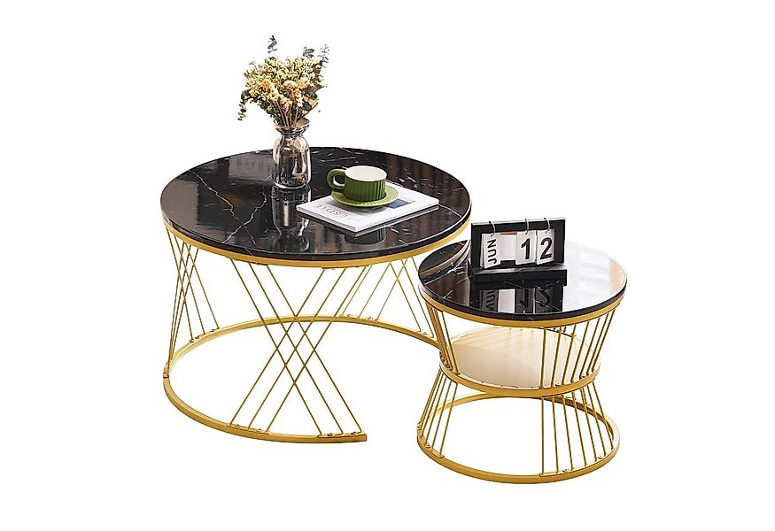 Merax Couchtisch, hochglanz mit Metallrahmen, Satztisch in Marmoroptik, Woh günstig online kaufen