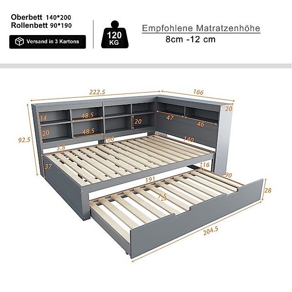 Flieks Massivholzbett, Doppelbett 140x200cm mit Stauraum, USB-Aufladen und günstig online kaufen