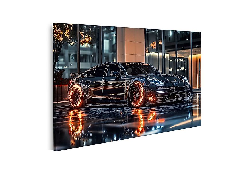 islandburner Leinwandbild, Schwarzes Auto mit leuchtenden Rädern bei Nacht günstig online kaufen