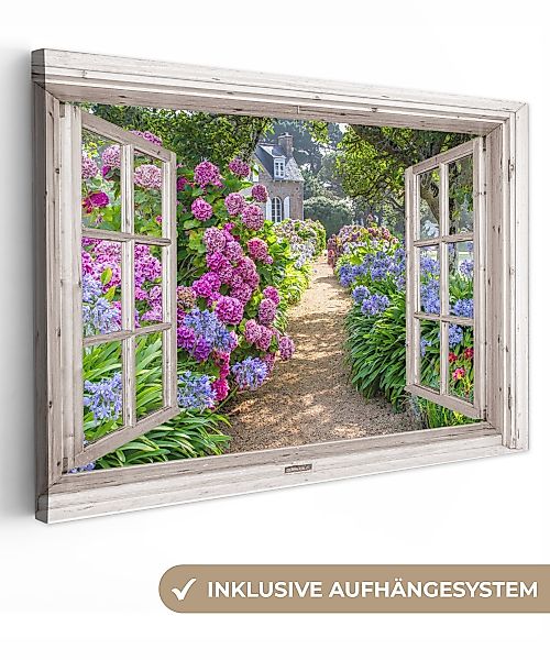 OneMillionCanvasses® Leinwandbild Hortensie - Fensterblick - günstig online kaufen