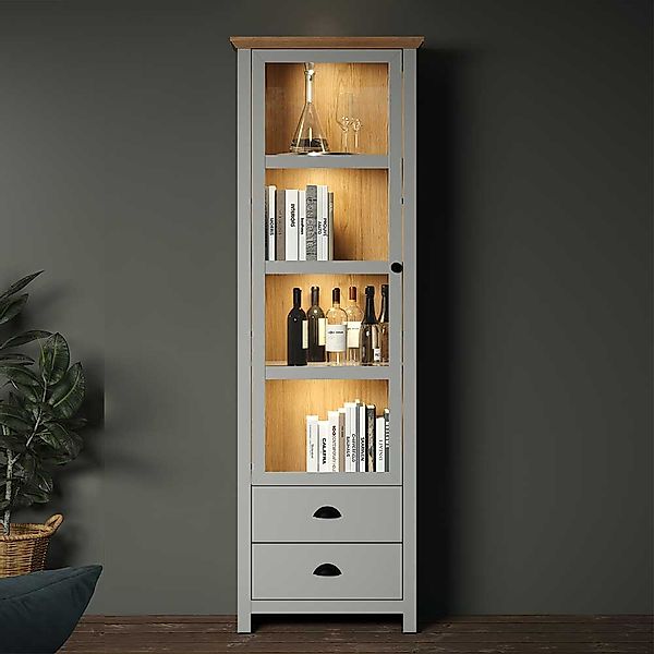 Wohnzimmervitrine Landhaus Design in Lichtgrau Wildeichefarben günstig online kaufen