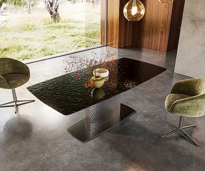 Esstisch Edge Boot 200x100 Reliefglas Rauchschwarz 3D-Design Wave Edelstahl günstig online kaufen