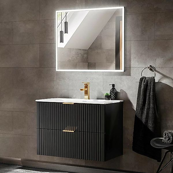Badezimmermöbel Set 80cm Waschtisch & LED-Spiegel ADELAIDE-56-BLACK in matt günstig online kaufen