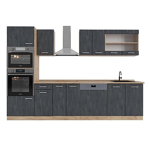 Vicco R-Line Komplettküche Schwarz Beton/Goldkraft Eiche 300 cm AP Eiche günstig online kaufen