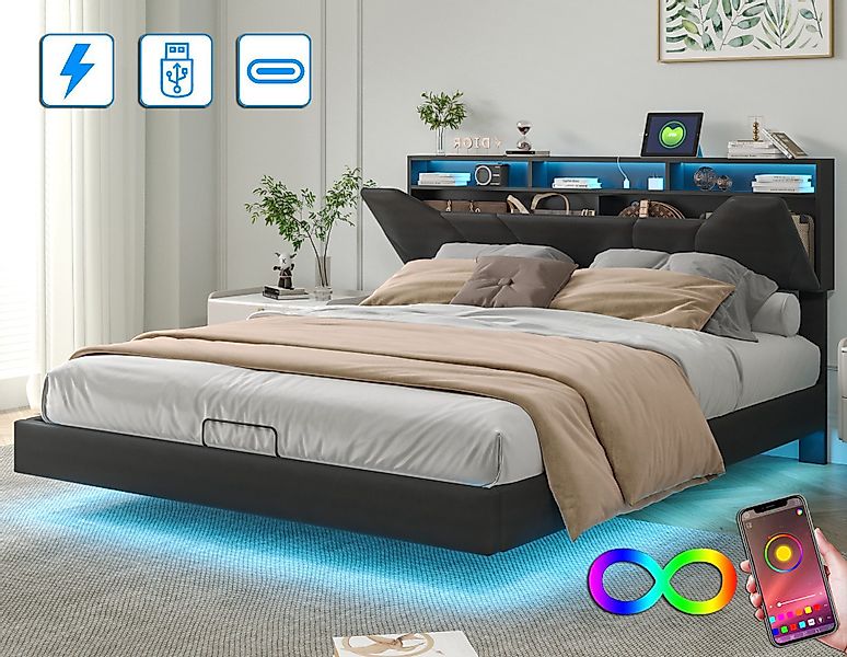 FUROKOY Polsterbett Doppelbett Stauraumbett mit LED-Beleuchtung günstig online kaufen