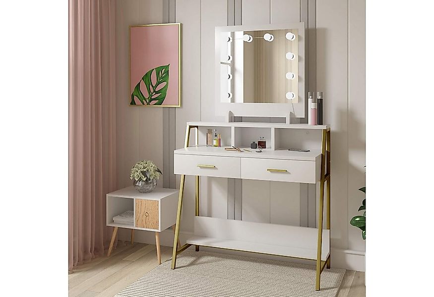 Woltu Schminktisch (1-St), 2 Schubladen, 10 LED-Glühbirnen, Weiß günstig online kaufen