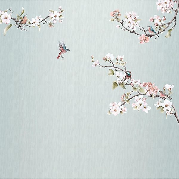 Komar Fototapete Blumen und Vögel Blau und Rosa 250 x 250 cm 611191 günstig online kaufen