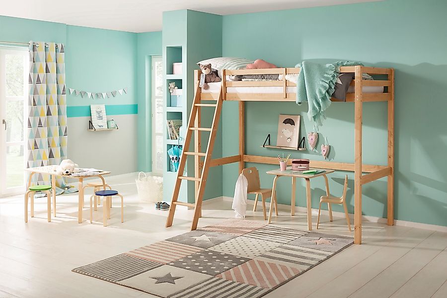 Lüttenhütt Kinderbett "Alpi, Hochbett, Stellfläche unter dem Bett" Kiefernh günstig online kaufen