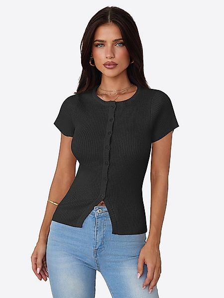 Imily Bela Kurzarmshirt Damen geripptes Strickoberteil Rundhals Knopfleiste günstig online kaufen