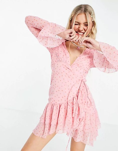 ASOS DESIGN – Mini-Wickelkleid in rosa aus Dobby-Material mit Trompetenärme günstig online kaufen