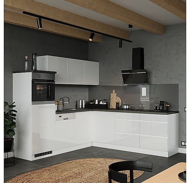 Lomadox Küchenzeile MARSEILLE-03, Winkelküche 240/240cm, Hochglanz weiß & B günstig online kaufen