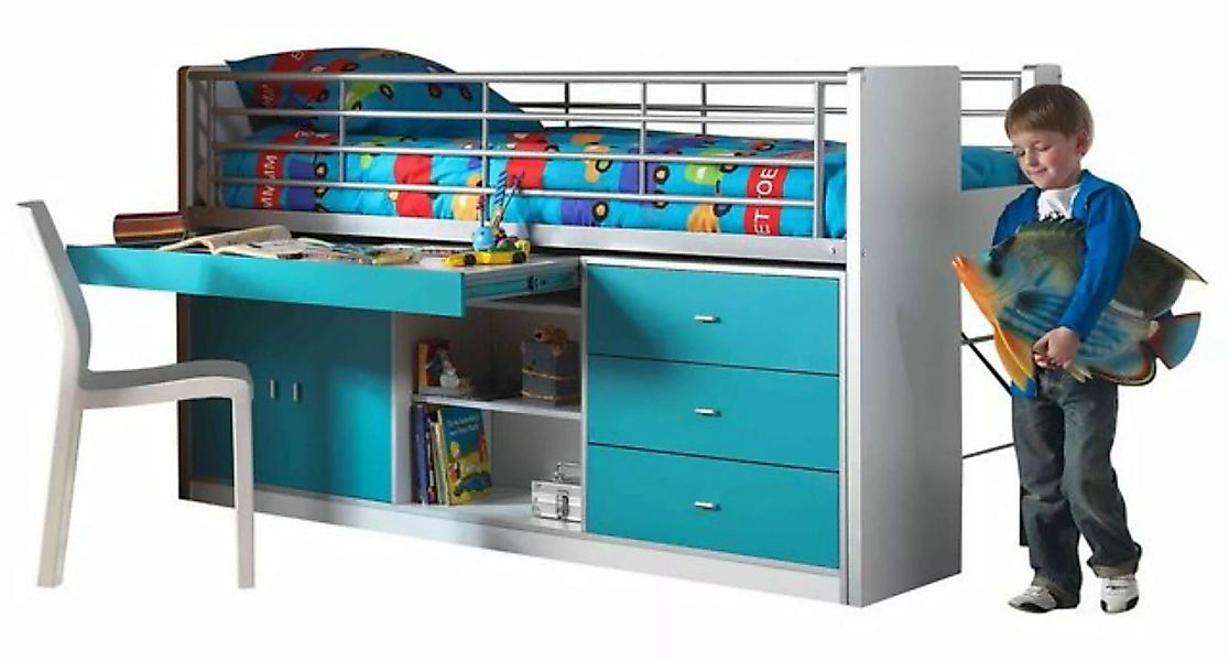 Kindermöbel 24 Hochbett Jax weiß - türkis inkl. Schreibtisch günstig online kaufen