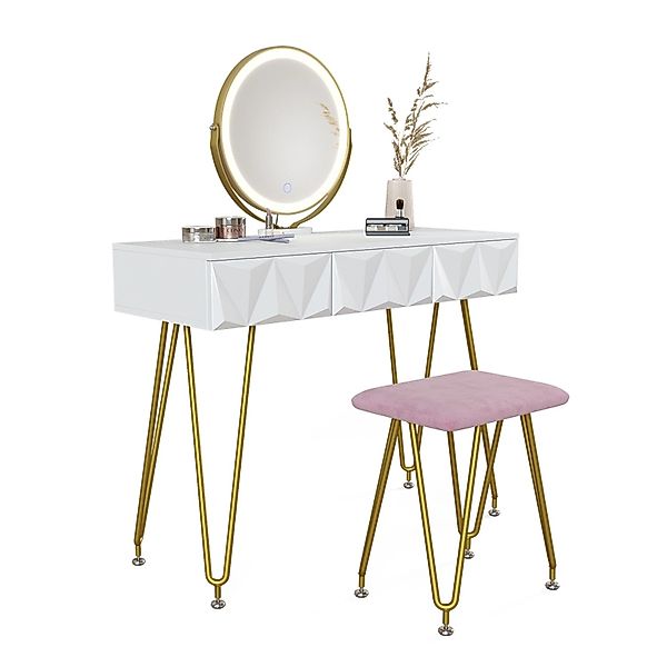 Vicco Schminktisch Ruby Weiß 100 cm mit LED Beleuchtung und Hocker günstig online kaufen