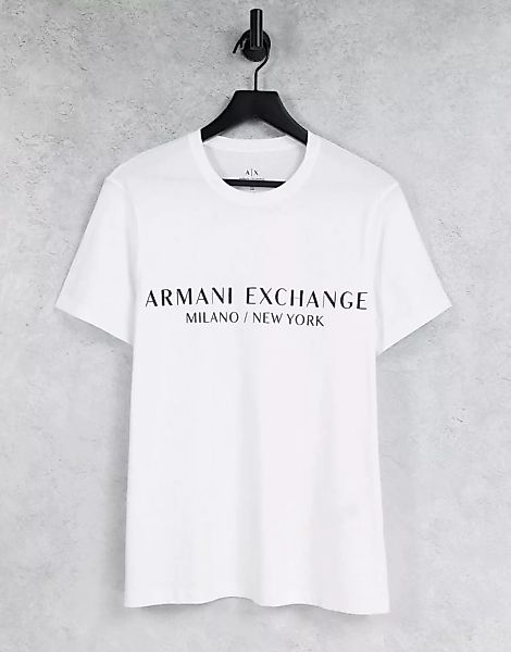 Armani Exchange – T-Shirt in Weiß mit City- und Logo-Schriftzug günstig online kaufen