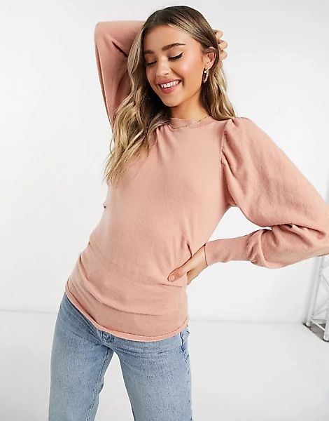 ASOS DESIGN - Pullover mit gerüschter Taille und voluminösen Ärmeln in Rosa günstig online kaufen