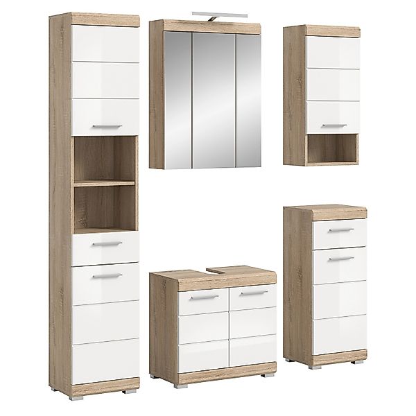 Badkombi Lambada inkl. Beleuchtung Eiche/Weiß Hochglanz 164 cm 6-tlg. günstig online kaufen