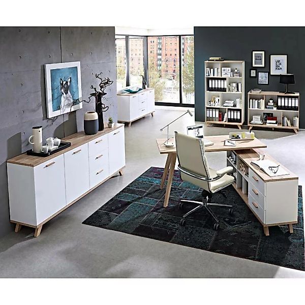 Lomadox Büromöbel Set SOSLO-01 supermatt weiß, Sanremo Eiche, Schreibtisch, günstig online kaufen