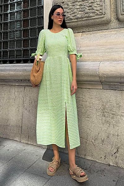 For You Moda Minikleid Natürliche Viskose Waffel Karo Schlitz Maxi Grün Kle günstig online kaufen