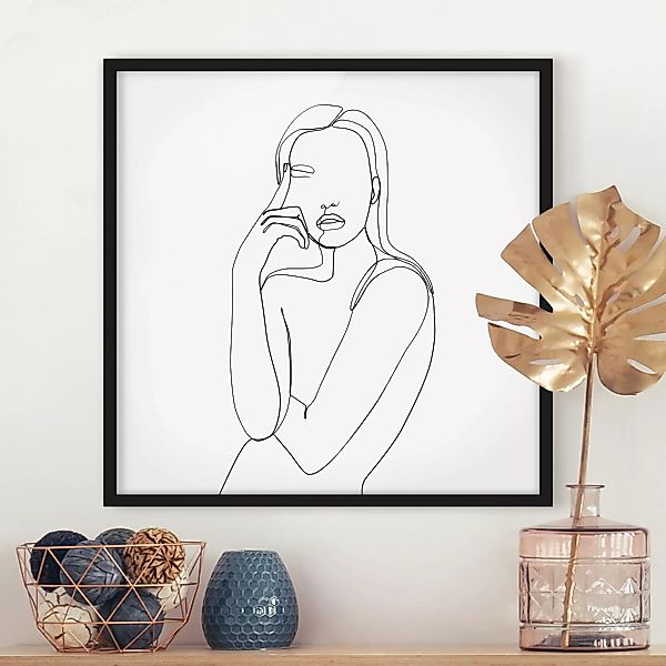 Bild mit Rahmen Schwarz-Weiß - Quadrat Line Art Nachdenkliche Frau Schwarz günstig online kaufen