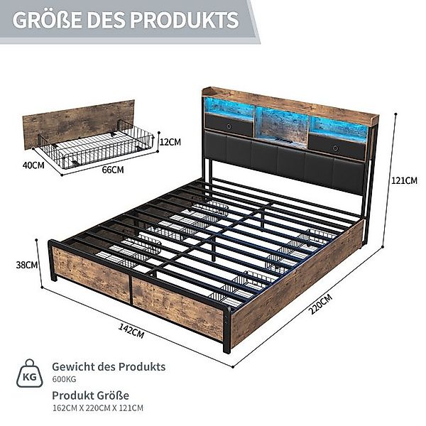 FUROKOY Stauraumbett Metallbett Doppelbett mit 6 Schubladen Vintage-Industr günstig online kaufen