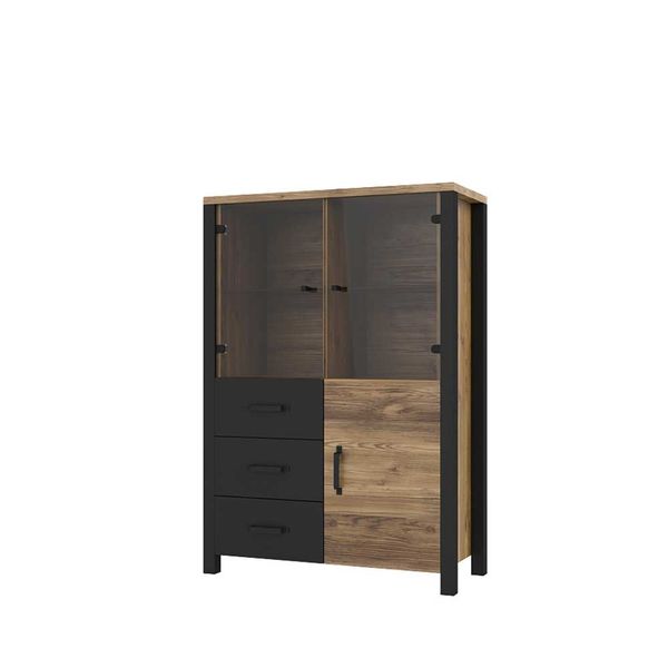 Wohnzimmer Vitrinenschrank im Industry und Loft Stil drei Schubladen günstig online kaufen