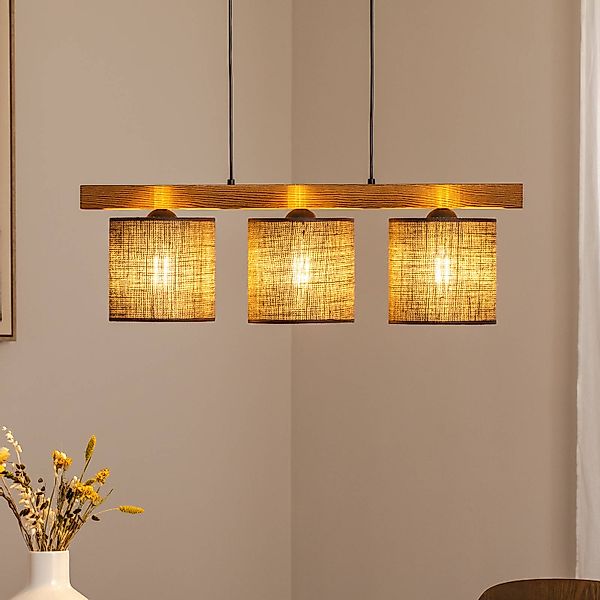Pendellampe Forest, Holz hell/schwarz, Jute braun, 3-fl. günstig online kaufen