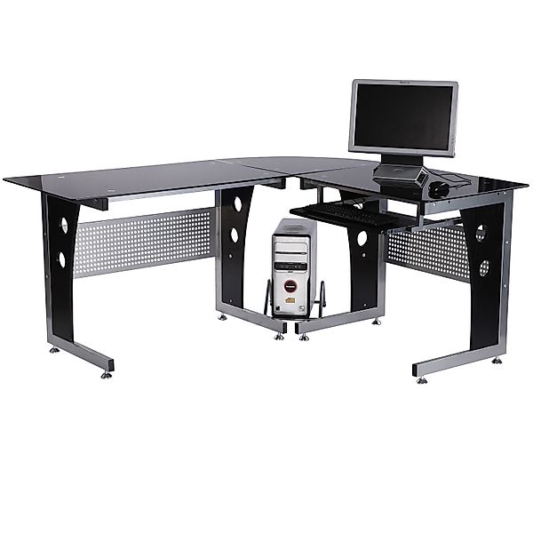 HOMCOM Computertisch MDF Eisen Gehärtetes Glas Schwarz 164L x 139B x 75H cm günstig online kaufen