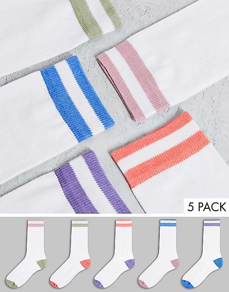 ASOS DESIGN – Sportsocken in Weiß mit Farbblock-Kontrast im 5er-Pack-Bunt günstig online kaufen