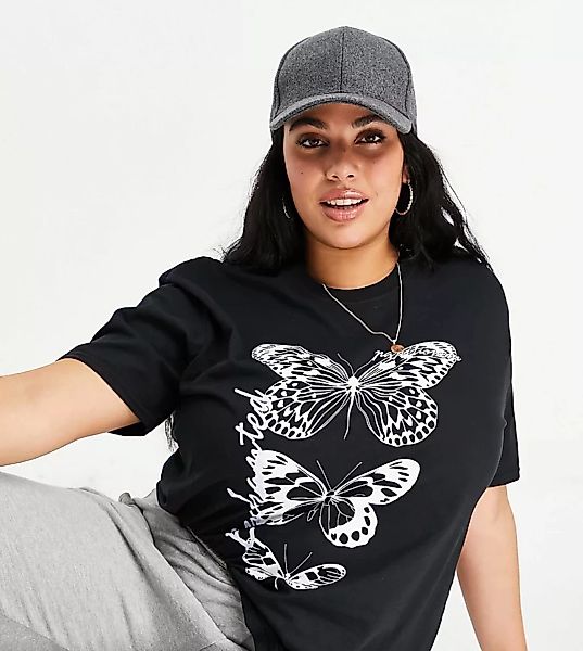 Missguided Plus – T-Shirt mit Schmetterlingsgrafik in Schwarz günstig online kaufen