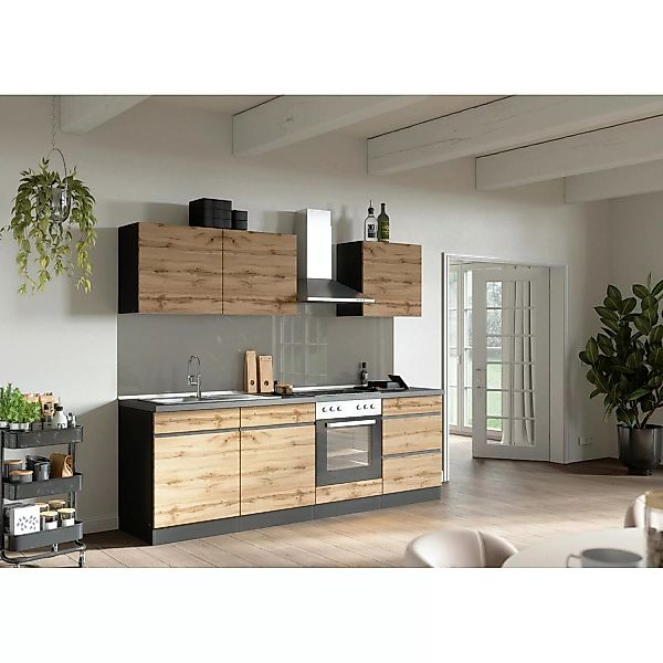 Held Möbel Küchenzeile Turin 240 cm Wotaneiche-Graphit mit E-Geräten günstig online kaufen