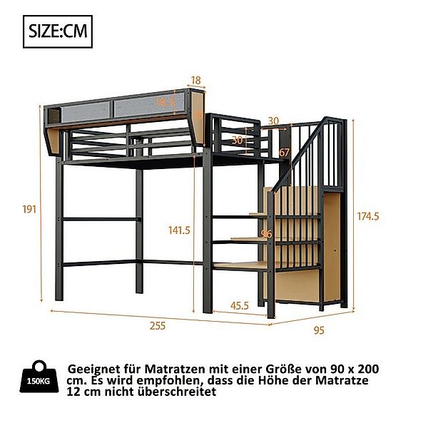 Odikalo Hochbett Kinderbett Metallbett Leiter Fallschutz Staufach 90x200 We günstig online kaufen