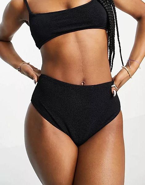 Topshop – Bikinihose in Knitter-Optik mit hoher Taille in Schwarz günstig online kaufen