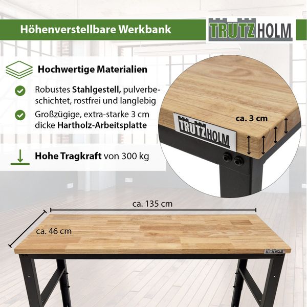 TRUTZHOLM Werkbank höhenverstellbar 135x46x88-97 cm 300kg günstig online kaufen