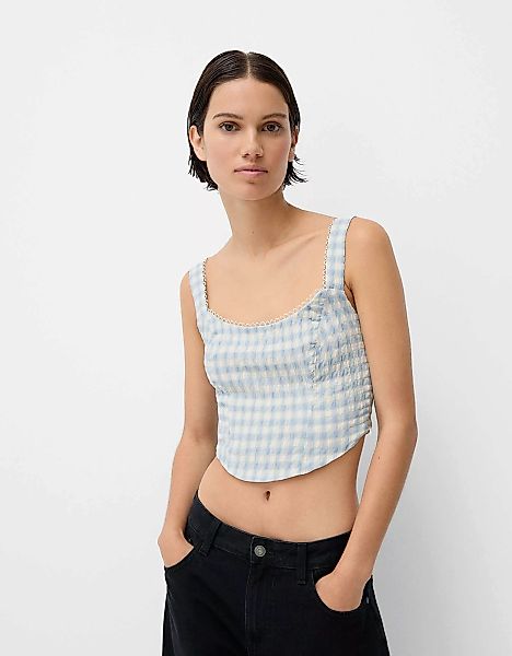 Bershka Top Mit Trägern Und Vichykaros Damen Xs Hellblau günstig online kaufen