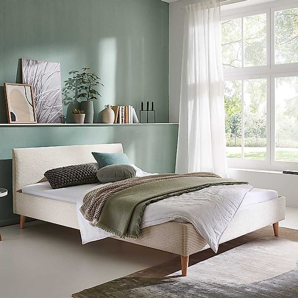 140x200 Polsterbett in Beige und Eichefarben Cord Stoff und Holz günstig online kaufen