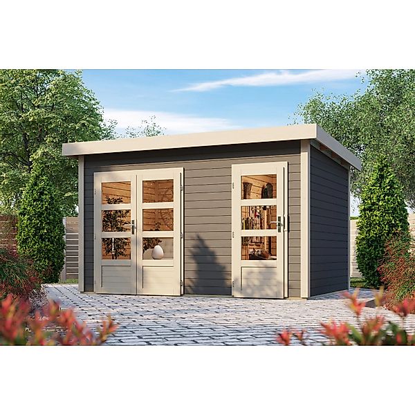 Karibu Holz-Gartenhaus Skanderbor Terragrau Flachdach Lackiert 360 cm x 240 günstig online kaufen