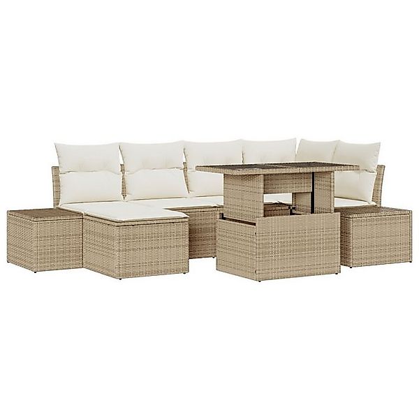 vidaXL Loungesofa 7-tlg. Garten-Sofagarnitur mit Kissen Beige Poly Rattan, günstig online kaufen