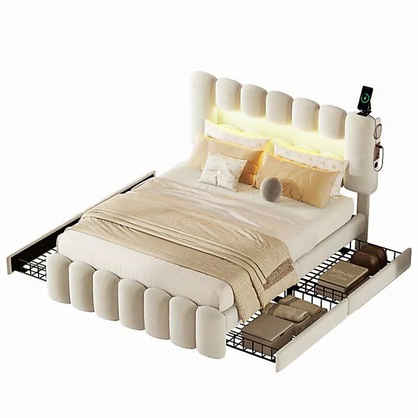 MODFU Polsterbett Doppelbett Stauraumbett Funktionsbett (mit LED-Lichtleist günstig online kaufen