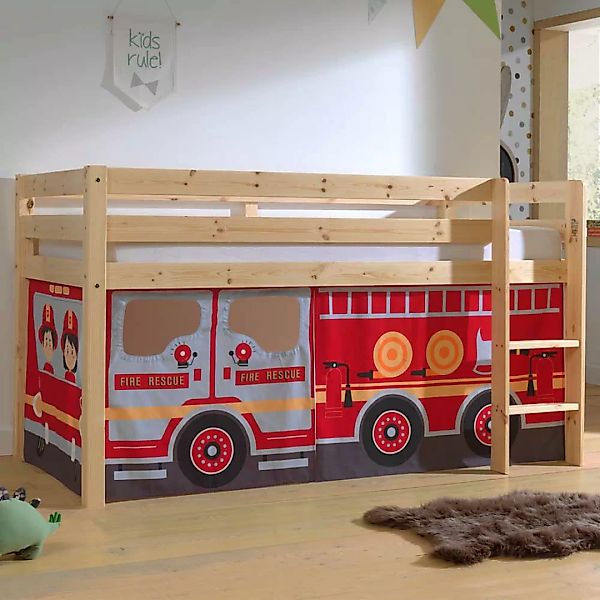 Halbhochbett mit Vorhang Set Feuerwehr Motiv Kiefer Massivholz günstig online kaufen