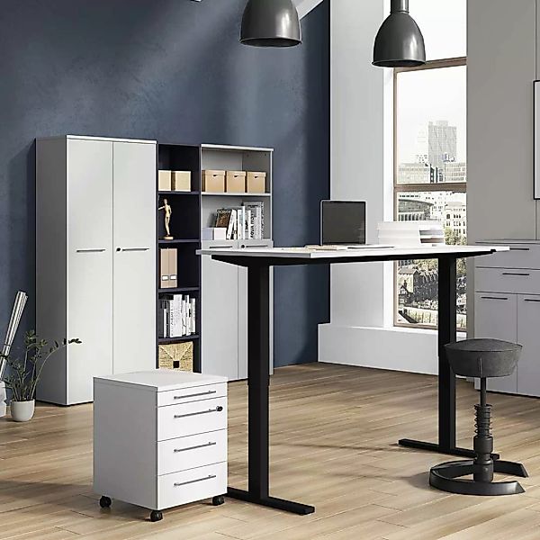 Büromöbel Set in Lichtgrau höhenverstellbarem Schreibtisch (fünfteilig) günstig online kaufen