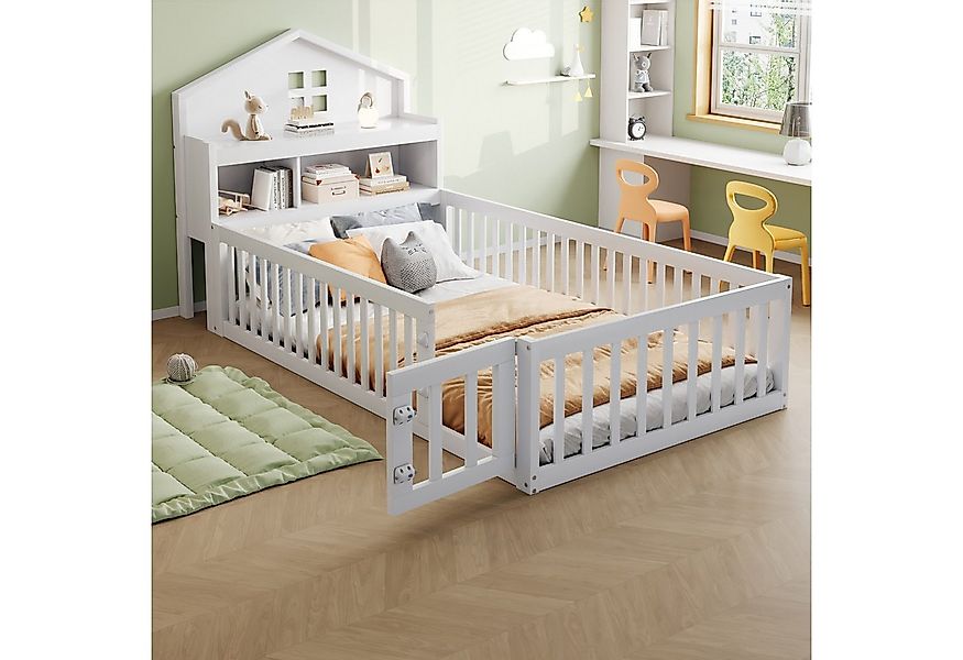 Merax Kinderbett 90x200cm mit Tür, Regal und Kreidetafel (1-tlg), Bodenbett günstig online kaufen