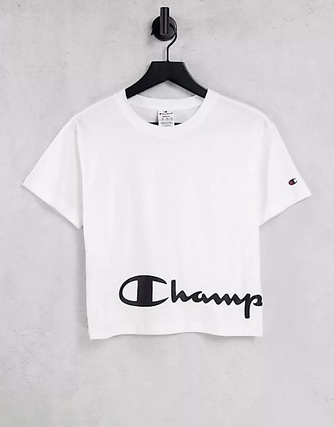 Champion – Kastiges T-Shirt in Weiß mit kurzem Schnitt und großem Logo günstig online kaufen