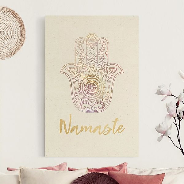 Leinwandbild auf Naturcanvas Hamsa Hand Illustration Namaste gold rosa günstig online kaufen