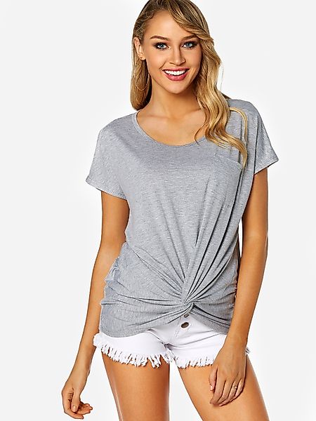 Graues Rundhals-Knoten-Design-Brusttaschen-T-Shirt günstig online kaufen