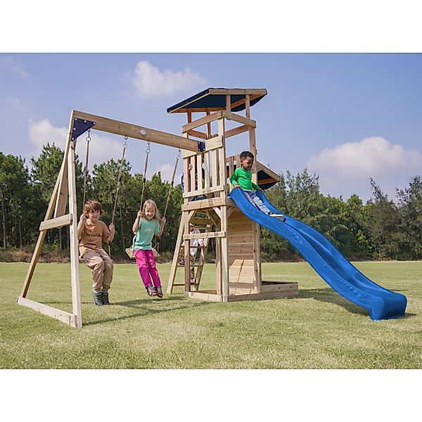 Axi Spielturm Malik mit Doppelschaukel Braun und Rutsche Blau FSC® günstig online kaufen